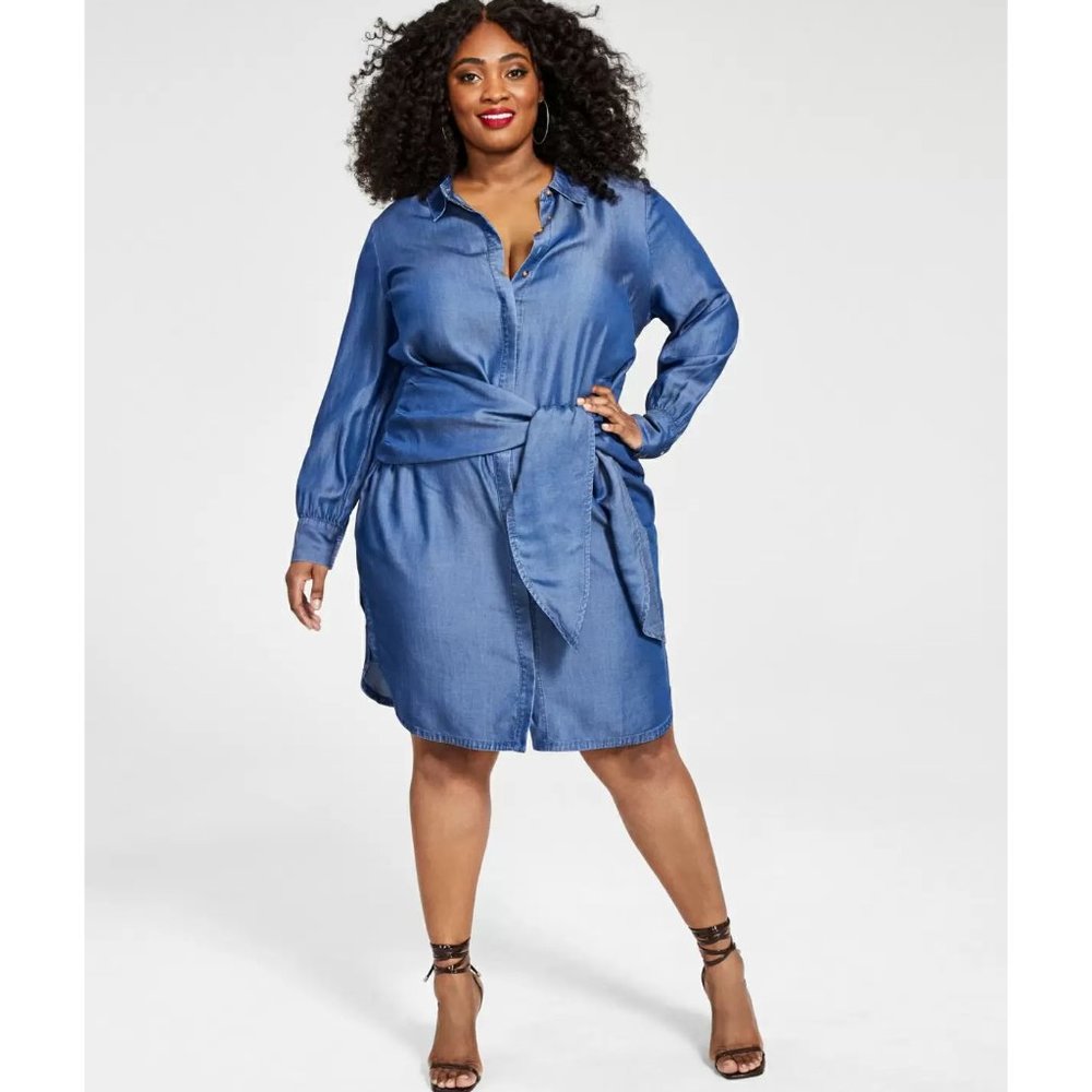 Nina Parker Trendy Plus Size Tie-Waist Shirtdress, Medium Wash